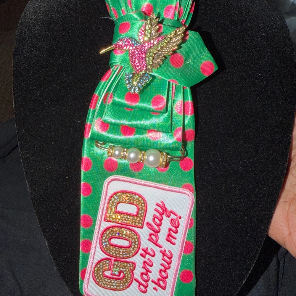 Green & Pink Polka Dot Ribbon Brooch with Hummingbird and Pearl Accents